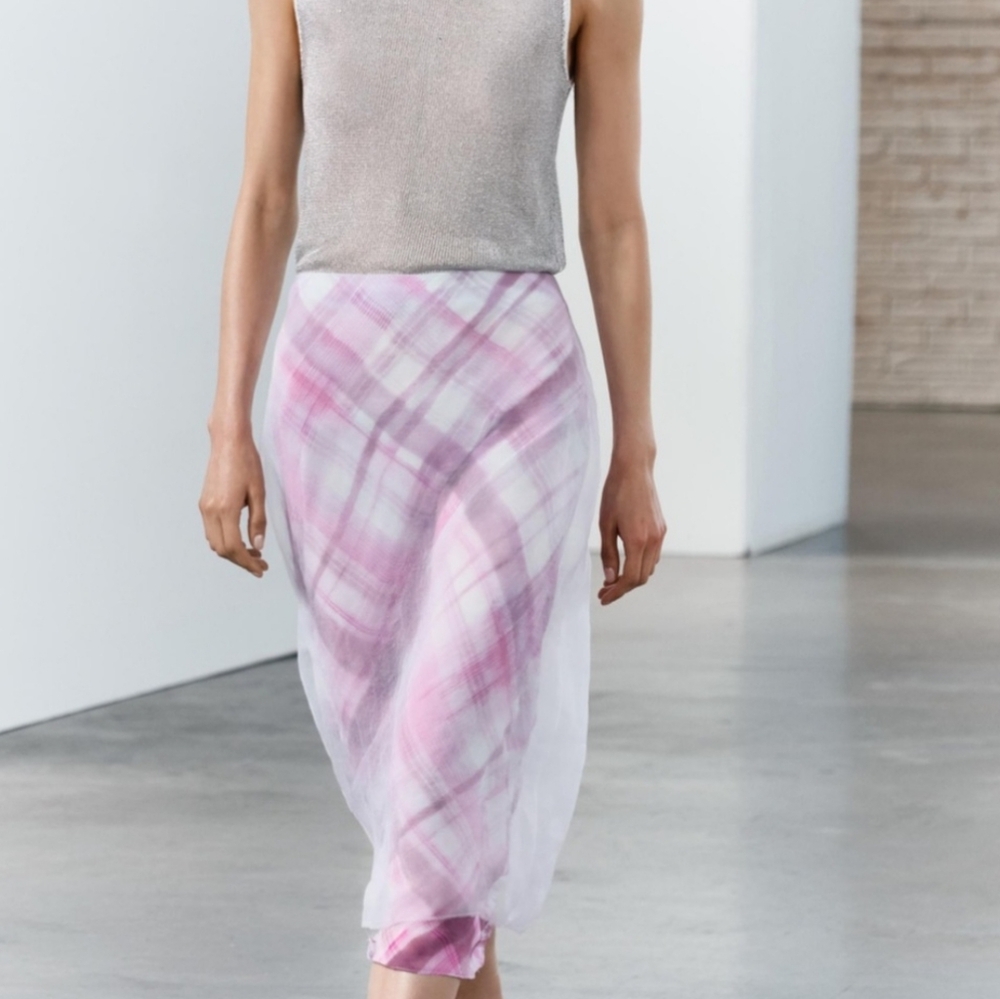 ZARA I S Plaid Layered Slip Tulle Midi Skirt I pink